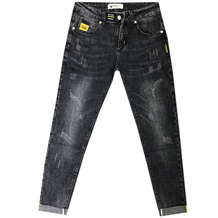 一条有腔调的黑灰牛仔裤 潮男春夏新韩修身贴标小脚长裤社会青年