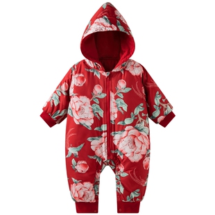 aqpa爱帕婴儿棉服连体衣夹棉保暖冬季红色大花喜庆哈衣棉袄外出服
