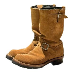 麂皮翻毛工程师靴男摩旅骑行短筒粗跟增高机车靴皮带扣真皮工装靴