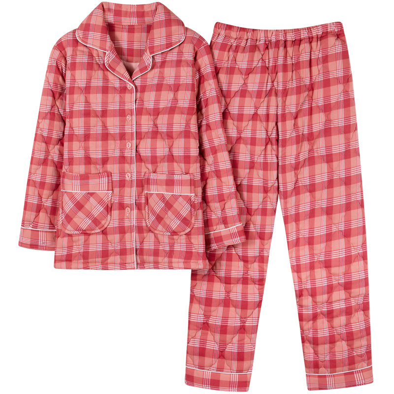 睡衣女秋冬季加厚纯棉保暖三层夹棉中老年人妈妈可外穿家居服套装