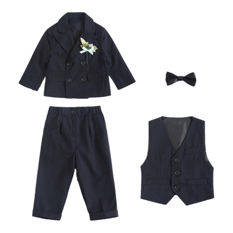 男童黑色条纹小西装儿童礼服马甲三件套2024新款英伦花童西服套装