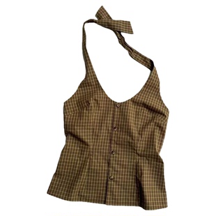 阿树家 2025 姜黄格纹挂脖无袖上衣 samayu lightgrey