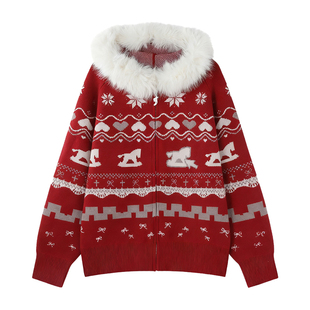FTT FlyTheTruth  费尔岛小马 圣诞毛衣女冬保暖连帽拉链针织开衫