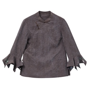 布小匠原创设计龟纹香云纱桑蚕丝不规则袖口上衣2025新款中式衬衫