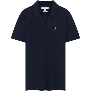 Tommy春夏女装珠地网眼优雅通勤V领商务休闲纯色短袖T恤POLO衫