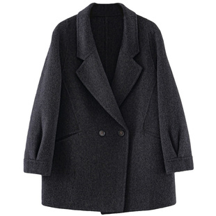 漫沿MANYAN灰色短款羊毛羊绒大衣高级双面呢子正肩毛呢西装外套女