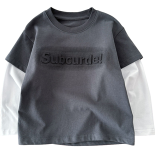 立体凹凸字母上衣 100%棉~男童假两件打底衫儿童圆领长袖体恤纯棉