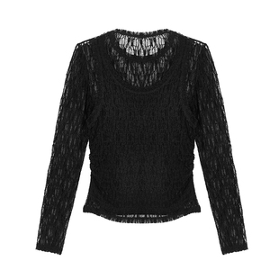 时尚黑色性感透视假两件小衫MOFAN摩凡2025秋款圆领女式上衣显瘦