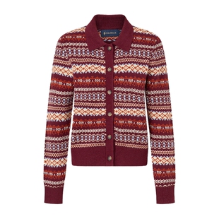 POLOWALK女士红毛衣2026春季新款针织衫开衫红色费尔岛翻领毛衣