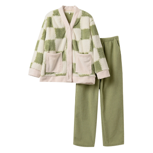 女士法兰绒家居服套装 保暖睡衣睡裤 格子V领起居服 秋冬女装大码