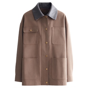 MESTLA春季复古简约羊毛精纺外套可拆皮领多口袋夹克工装裤套装