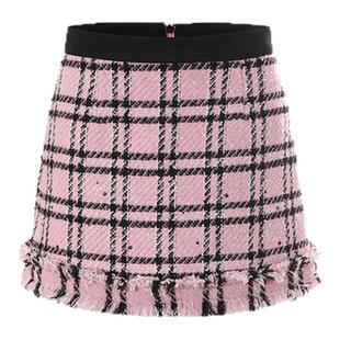 LAMERRY/朗美睿粉黑格子毛边包裙短裙女复古怀旧格纹回潮灵动优雅