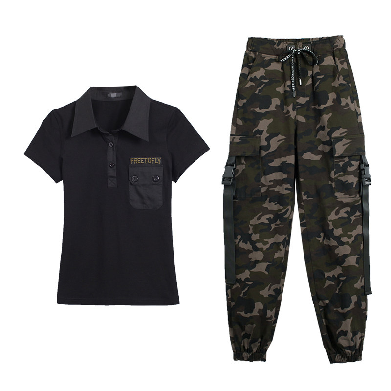 迷彩T恤女黑色短袖翻领韩版显瘦修身户外运动休闲服水兵舞演出服