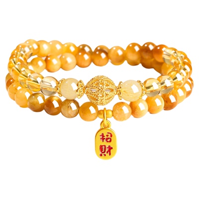 普陀山天然金虎眼石手串女招财黄水晶双圈手链财富旺财运暴富礼物
