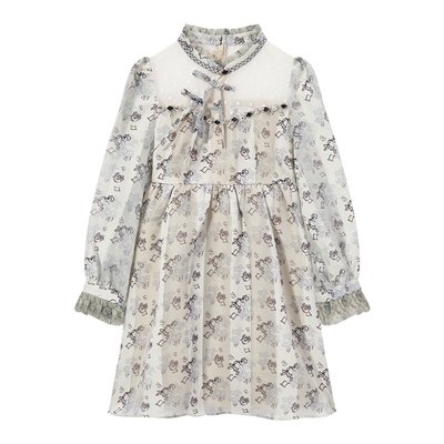 气质网纱印花中长款连衣裙