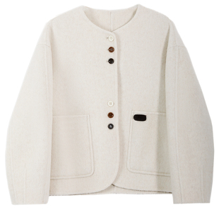 达佳诗蓝色双面呢围巾大衣女款2026新款秋季短款毛呢小个子外套