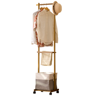 可移动衣帽架落地挂衣架竹制卧室角落不占空间脏衣篓小型立式衣架