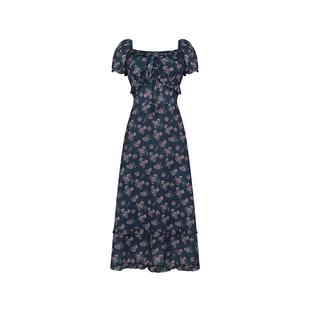 安妮不火 塔里木格桑花碎花泡泡袖连衣裙女微胖大码收腰氛围感裙