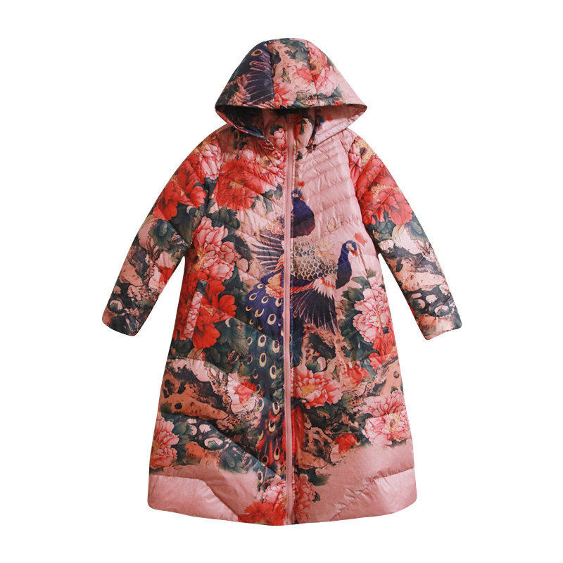印花长款过膝保暖羽绒服女