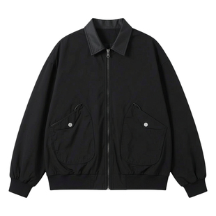 王嘉尔同款男士短款翻领拼皮夹克美秋冬季美式休闲夹棉黑色外套潮