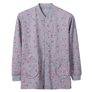 妈妈纯棉开衫秋衣女士中老年长袖对襟线衣全棉老人开身系扣棉毛衫