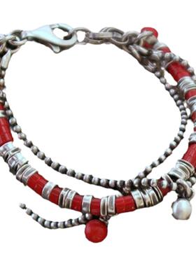 女纯银复古红色宝石串珠银珠手链