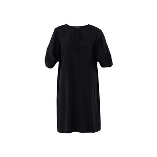 AUM噢姆夏季桑蚕丝法式赫本风泡泡袖黑色连衣裙女