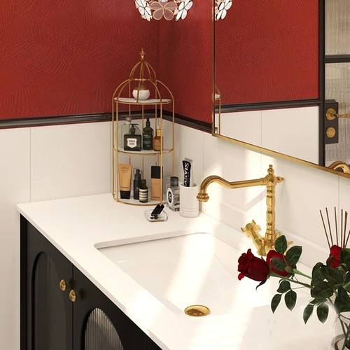 法式复古风格浴室柜组合黑色洗漱台洗手池洗脸盆柜金边镜子挂墙式