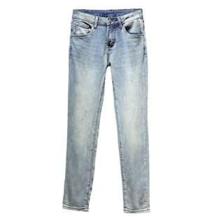 春装欧货潮牌男款压花浅蓝色牛仔裤修身潮流高档显瘦小脚弹力长裤