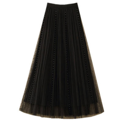 钉珠金丝绒高腰显瘦网纱半身裙