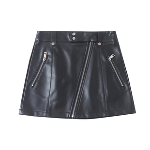 pu皮短半裙  秋冬新款外贸女装时尚自然腰斜拉链薄绒包臀裙32895