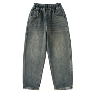 女童加绒裤子秋冬2025新款大童加厚一体休闲老爹裤儿童冬季牛仔裤