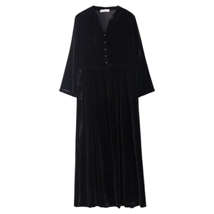 SILVIYE真丝丝绒连衣裙长裙桑蚕丝长袖衬衫裙V领黑色显瘦A字裙春