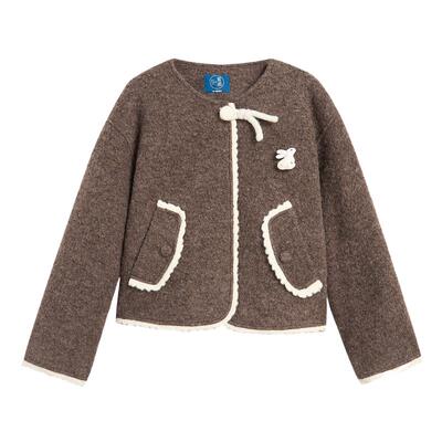 紫涵短款羊毛呢圆领外套女2025年冬季新款甜美宽松棕色小个子大衣