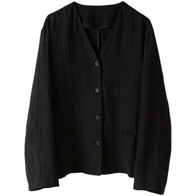 简约文艺纯亚麻V领外套短上衣女