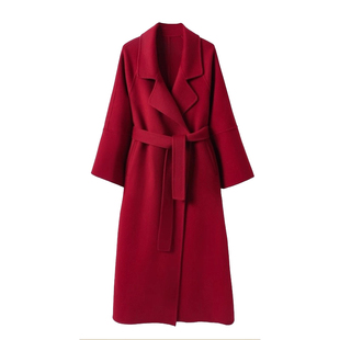 红色双面羊毛大衣女中长款新娘结婚敬酒服喜庆新年礼服绵羊毛外套