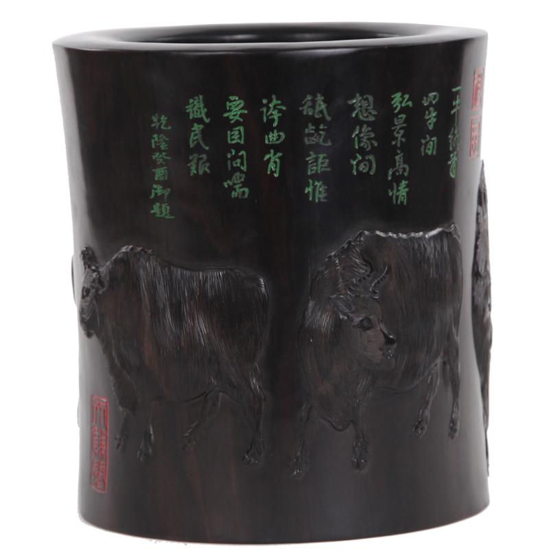 桌面紫光檀笔筒红木雕刻送礼品