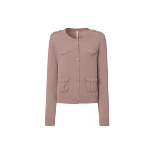 VGRASS秋冬新款羊绒衫圆领宽松精致粉红色多纽扣针织开衫上衣女