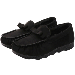 秋冬老北京布鞋女保暖棉鞋平底防滑工作鞋女黑色蝴蝶结加绒豆豆鞋