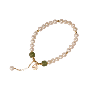 赛赛莉安原创和田玉珍珠玛瑙14K包金手链中式复古小众高级感个性