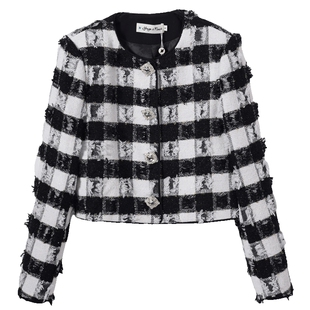YongeFinch扬芬缇 富家千金黑白格子短款粗花呢小香风外套TRISSY