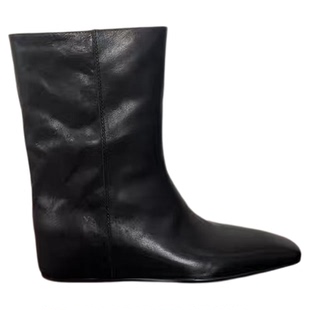 欧洲站真皮切尔西靴女2025秋冬新款百搭方头短靴内增高套筒中筒靴