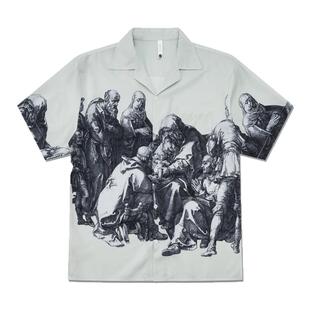 邓为明星同款复古男女宽松短袖衬衫斯巴达灰色版画垂感印花衬衣潮