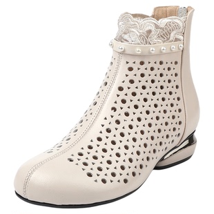 全牛皮短靴子女春夏洞洞鞋真皮软底低跟平底妈妈凉靴大码镂空女鞋