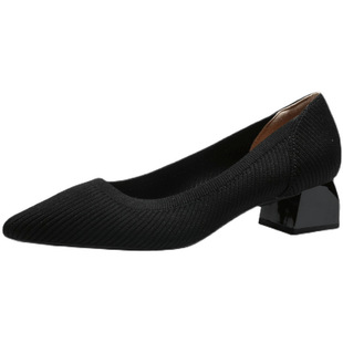 日系王妃鞋中跟2022新款尖头浅口单鞋粗跟针织飞织鞋韩版高跟鞋女