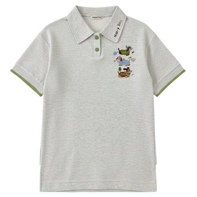 美式纯棉学院风灰色polo领短袖t恤女2026夏季卡通刺绣宽松上衣潮