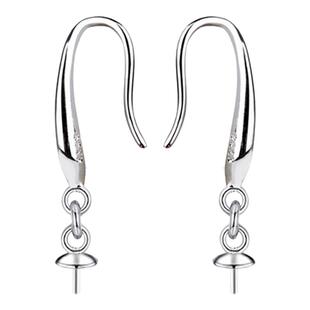 925纯银耳环带珠盘吊针耳钩DIY配件手工饰品珍珠耳钉材料耳勾空托