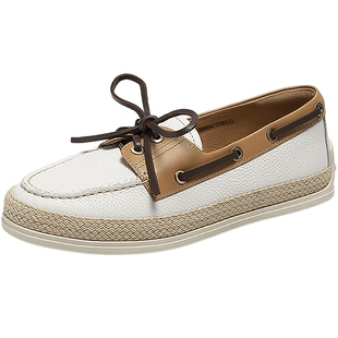 千百度羊皮平底鞋女秋季新款耐穿白色真皮豆豆鞋小皮鞋乐福鞋