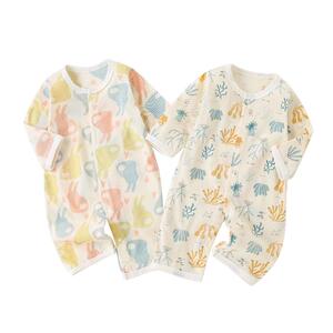 夏季婴儿连体衣薄款透气新生儿衣服长袖空调服初生宝宝纯棉睡衣