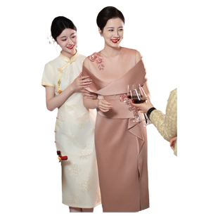 粉色妈妈婚宴装晚礼服高级感高贵洋气年轻喜婆婆婚礼喜服2025新款